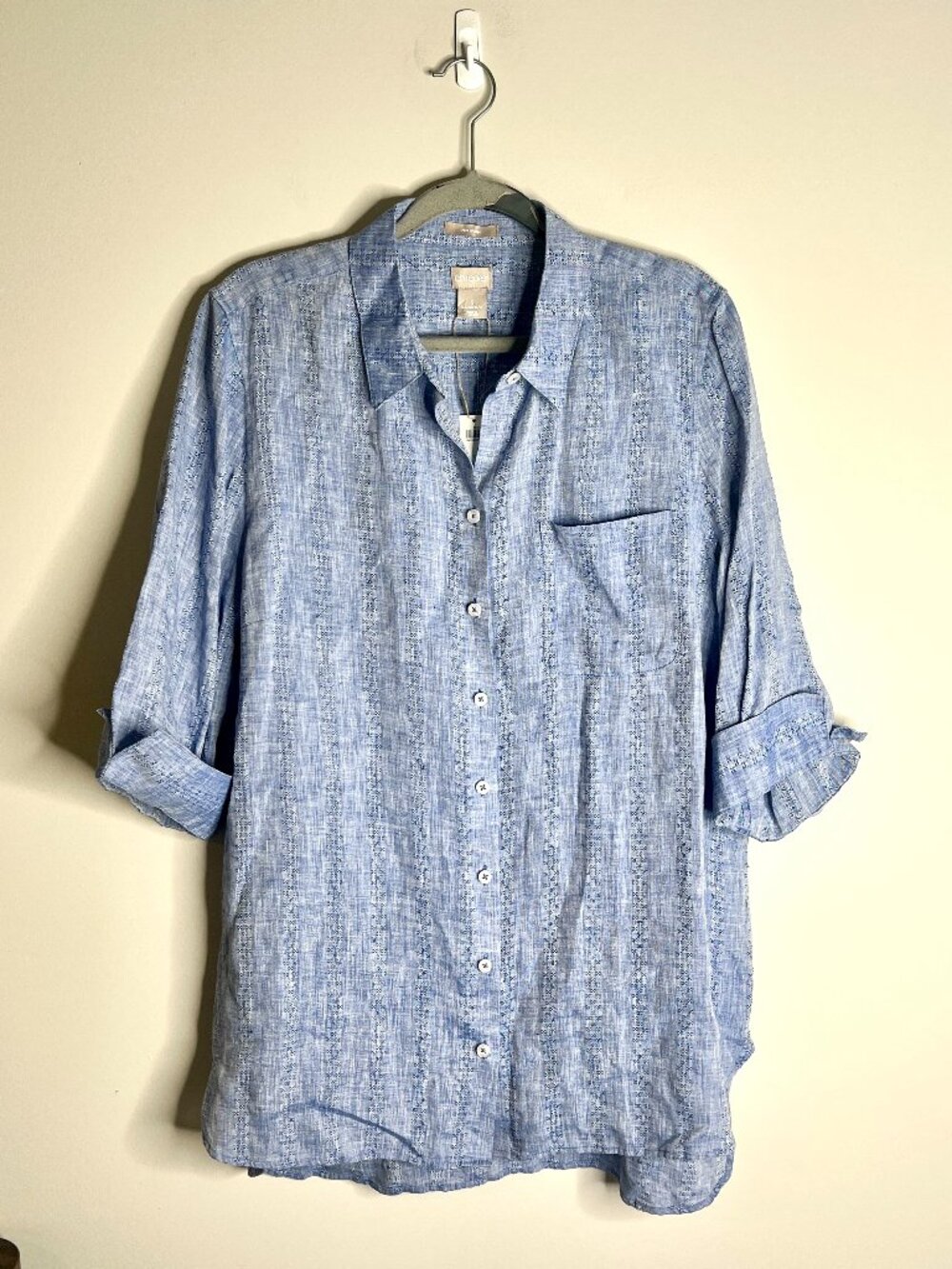 Chico's No Iron Linen Shirttail High Low Tunic 3/4 Sleeve Indigo XL NWT